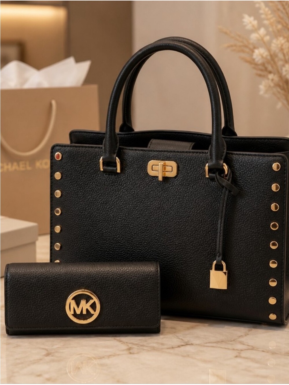 Michael Kors Black Pebbled Leather Satchel with Gold Accents and Matching Wallet - Picture 1 of 12